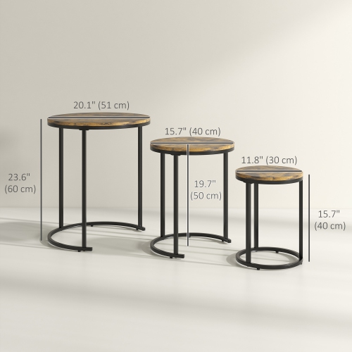 HOMCOM – Ensemble de 3 tables gigognes, table basse ronde, tables d’appoint empilables modernes avec cadre en bois d’acier pour salon, brun rustique