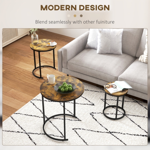 HOMCOM – Ensemble de 3 tables gigognes, table basse ronde, tables d’appoint empilables modernes avec cadre en bois d’acier pour salon, brun rustique