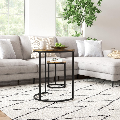 HOMCOM – Ensemble de 3 tables gigognes, table basse ronde, tables d’appoint empilables modernes avec cadre en bois d’acier pour salon, brun rustique