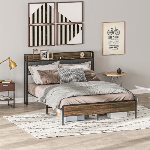 HOMCOM Queen Bed Frame with Storage, Platform Bed Frame with Charging Station, Upholstered Headboard, Steel Slats, Noise Free and Easy Assembly, No