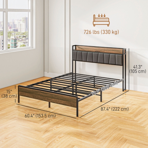 HOMCOM Queen Bed Frame with Storage, Platform Bed Frame with Charging Station, Upholstered Headboard, Steel Slats, Noise Free and Easy Assembly, No