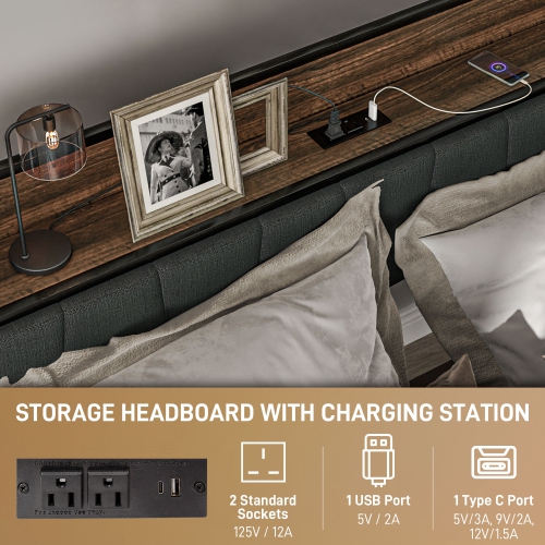 HOMCOM Queen Bed Frame with Storage, Platform Bed Frame with Charging Station, Upholstered Headboard, Steel Slats, Noise Free and Easy Assembly, No