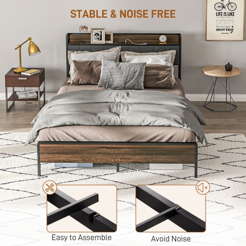 HOMCOM Queen Bed Frame with Storage, Platform Bed Frame with Charging Station, Upholstered Headboard, Steel Slats, Noise Free and Easy Assembly, No