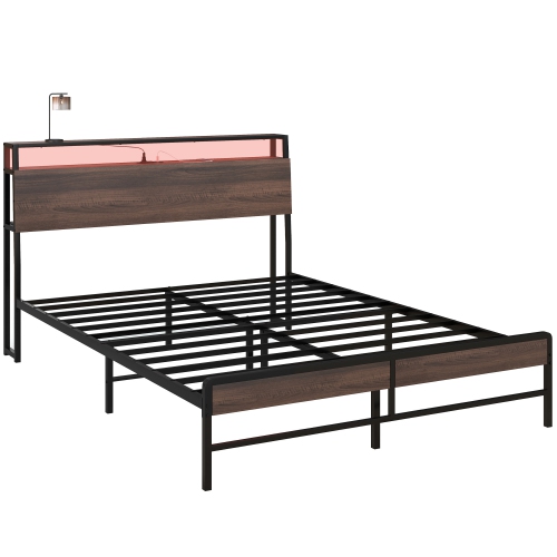 HOMCOM Queen Bed Frame with Storage, Platform Bed Frame with Headboard, LED Lights, Charging Station, Steel Slats, Noise Free and Easy Assembly, No B