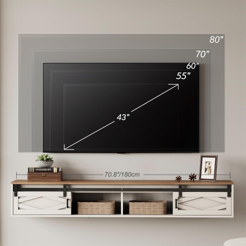 FITUEYES Floating TV Stand Shelf for TVs up to 85 Inch, Wood Floating Entertainment Center with Sliding Barn Door for Living Room, Bedroom, Antique