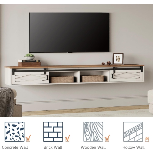 FITUEYES Floating TV Stand Shelf for TVs up to 85 Inch, Wood Floating Entertainment Center with Sliding Barn Door for Living Room, Bedroom, Antique