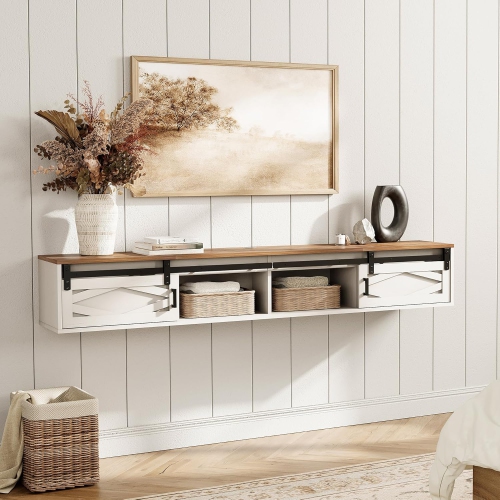 FITUEYES Floating TV Stand Shelf for TVs up to 85 Inch, Wood Floating Entertainment Center with Sliding Barn Door for Living Room, Bedroom, Antique
