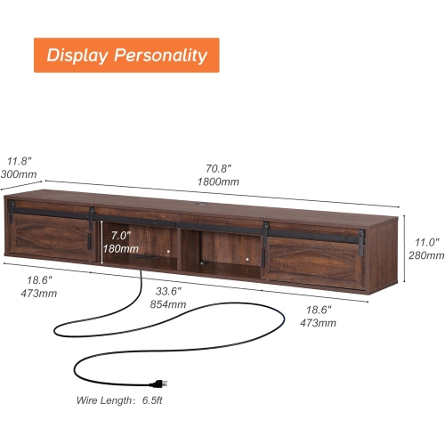 FITUEYES – Étagère flottante pour téléviseur jusqu’à 85 po, meuble de divertissement flottant en bois avec porte de grange coulissante pour salon,