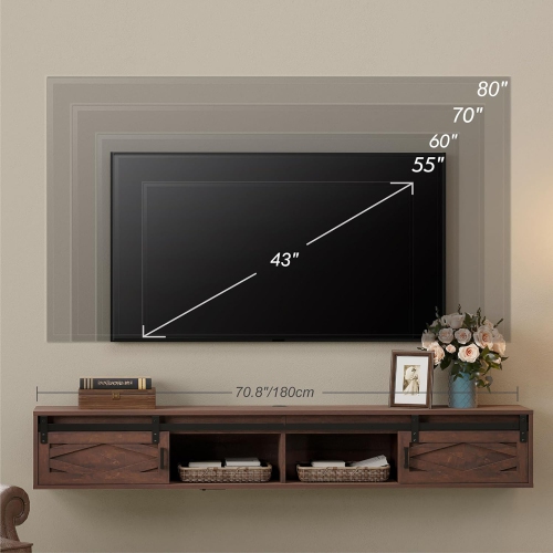FITUEYES – Étagère flottante pour téléviseur jusqu’à 85 po, meuble de divertissement flottant en bois avec porte de grange coulissante pour salon,