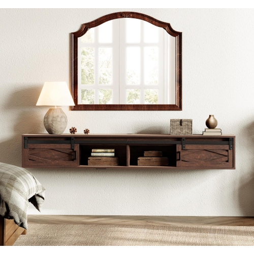 FITUEYES – Étagère flottante pour téléviseur jusqu’à 85 po, meuble de divertissement flottant en bois avec porte de grange coulissante pour salon,