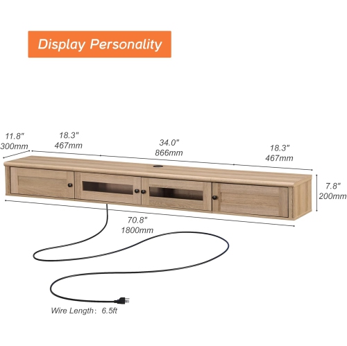 FITUEYES Floating TV Stand for TVs up to 80 Inch, Wooden Floating TV Shelf with Storage Cabinet, Modern Entertainment Center for Living Room, Oak