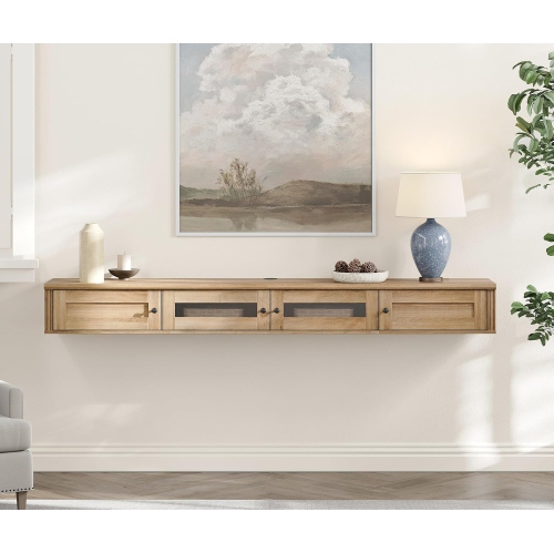 FITUEYES Floating TV Stand for TVs up to 80 Inch, Wooden Floating TV Shelf with Storage Cabinet, Modern Entertainment Center for Living Room, Oak