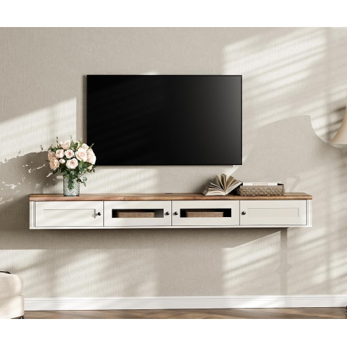 FITUEYES Floating TV Stand for TVs up to 80 Inch, Wooden Floating TV Shelf with Charging Station, Modern Entertainment Center for Living Room, White