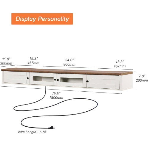 FITUEYES Floating TV Stand for TVs up to 80 Inch, Wooden Floating TV Shelf with Charging Station, Modern Entertainment Center for Living Room, White
