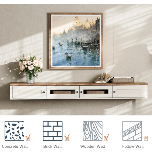 FITUEYES Floating TV Stand for TVs up to 80 Inch, Wooden Floating TV Shelf with Charging Station, Modern Entertainment Center for Living Room, White