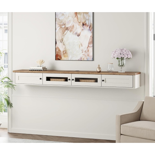 FITUEYES Floating TV Stand for TVs up to 80 Inch, Wooden Floating TV Shelf with Charging Station, Modern Entertainment Center for Living Room, White