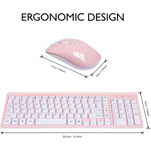 Wireless Keyboard Mouse Combo, Compact Full Size Wireless Keyboard and Mouse 2.8G Ultra-Thin for Computer, Desktop,Windows,PC,Pink