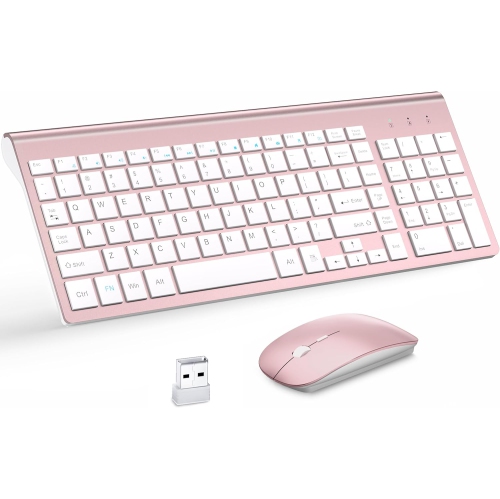 Clavier et souris sans fil, ensemble de 2,4G souris avec clavier compact USB à touches ciseaux et couvercle, pour portable/PC/fenêtre, blanc rose doré