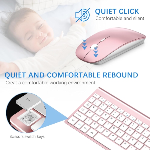 Clavier et souris sans fil, ensemble de 2,4G souris avec clavier compact USB à touches ciseaux et couvercle, pour portable/PC/fenêtre, blanc rose doré