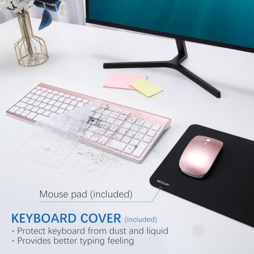 Clavier et souris sans fil, ensemble de 2,4G souris avec clavier compact USB à touches ciseaux et couvercle, pour portable/PC/fenêtre, blanc rose doré