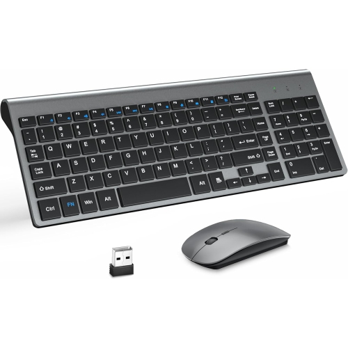 Clavier et souris sans fil, ensemble de 2,4G souris avec clavier compact USB à touches ciseaux et couvercle, pour portable/PC/fenêtre, gris noir