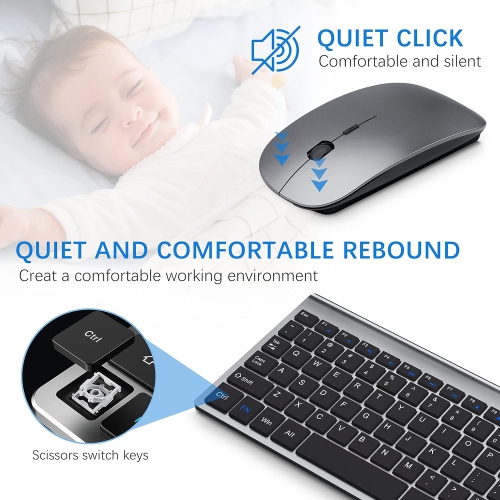Clavier et souris sans fil, ensemble de 2,4G souris avec clavier compact USB à touches ciseaux et couvercle, pour portable/PC/fenêtre, gris noir