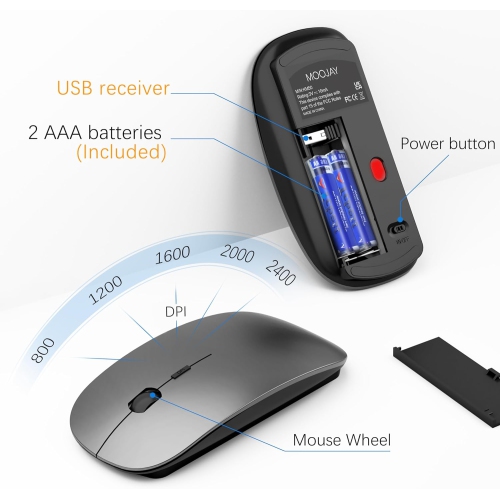 Clavier et souris sans fil, ensemble de 2,4G souris avec clavier compact USB à touches ciseaux et couvercle, pour portable/PC/fenêtre, gris noir