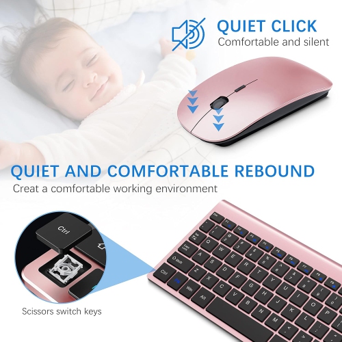 Wireless Keyboard and Mouse,2.4G USB Quiet Compact Scissor Switch Keyboard Mice Set with Cover,for Laptop/PC/Window, Rose Gold Black