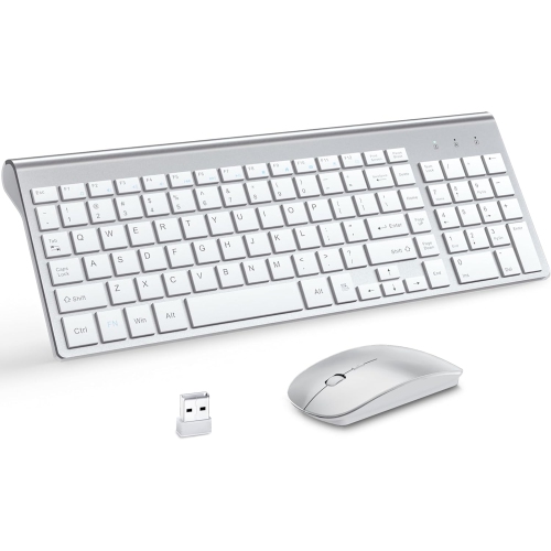 Clavier et souris sans fil, ensemble de 2,4G souris avec clavier compact USB à touches ciseaux et couvercle, pour portable/PC/fenêtre, blanc argenté