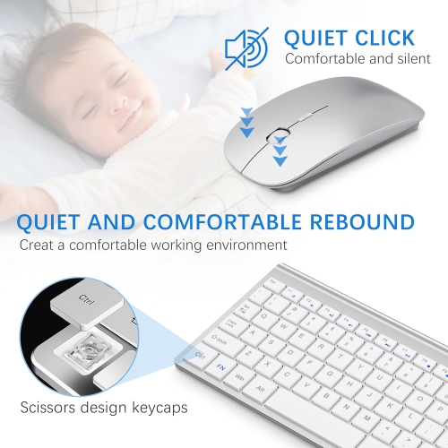 Clavier et souris sans fil, ensemble de 2,4G souris avec clavier compact USB à touches ciseaux et couvercle, pour portable/PC/fenêtre, blanc argenté