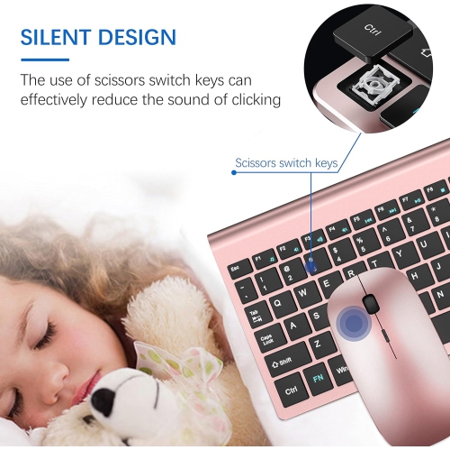 Wireless Keyboard and Mouse Combo, 2.4G Silent Compact USB Mouse and Scissor Switch Keyboard Set,for PC/Laptop/Windows/Mac, Rose Gold Black