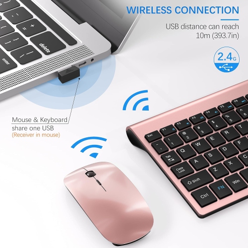 Wireless Keyboard and Mouse Combo, 2.4G Silent Compact USB Mouse and Scissor Switch Keyboard Set,for PC/Laptop/Windows/Mac, Rose Gold Black
