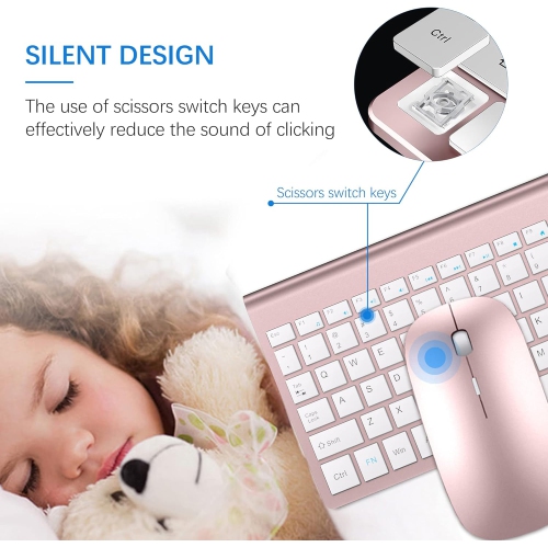 Wireless Keyboard and Mouse Combo, 2.4G Silent Compact USB Mouse and Scissor Switch Keyboard Set,for PC/Laptop/Windows/Mac, Rose Gold White