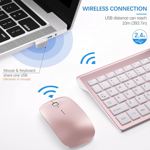 Wireless Keyboard and Mouse Combo, 2.4G Silent Compact USB Mouse and Scissor Switch Keyboard Set,for PC/Laptop/Windows/Mac, Rose Gold White