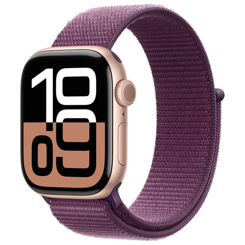 Apple Watch Series 10 avec boîtier de 42 mm en aluminium rose doré et bracelet sport prune par TELUS - Financement mensuel