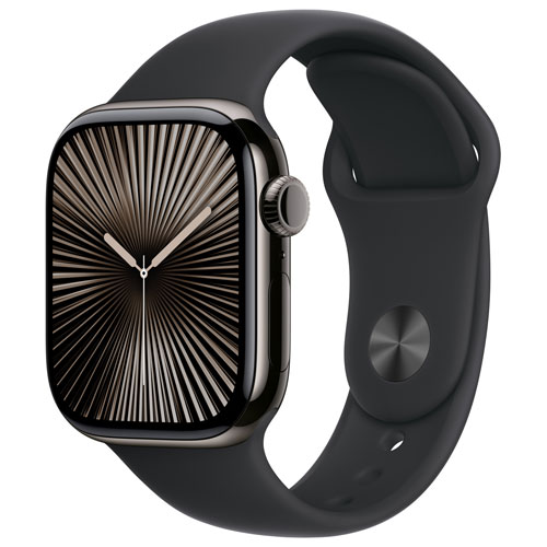 Apple Watch Series 10 avec boîtier de 42 mm en titane ardoise et bracelet sport noir par TELUS - P/M - Financement mensuel