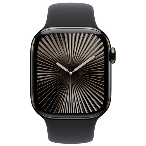 Apple Watch Series 10 avec boîtier de 42 mm en titane ardoise et bracelet sport noir par TELUS - M/G - Financement mensuel