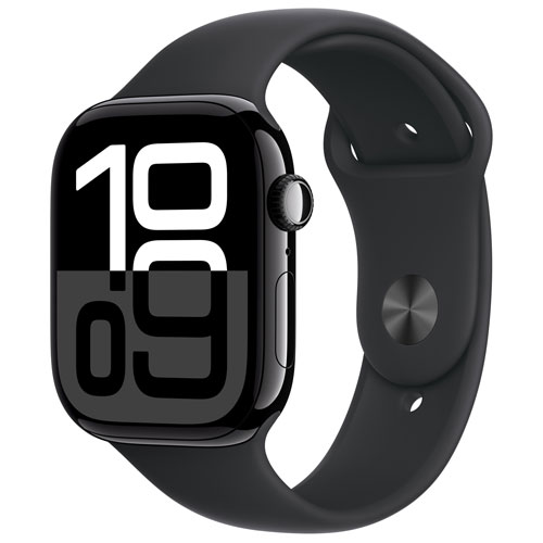 Apple Watch Series 10 avec boîtier de 46 mm en aluminium noir de jais et bracelet sport noir par TELUS - P/M - Financement mensuel
