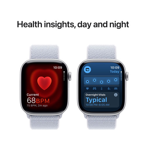 Apple Watch Series 10 (GPS + Cellulaire) avec boîtier de 46 mm en aluminium argenté et bracelet sport nuage bleu par Rogers - Financement mensuel