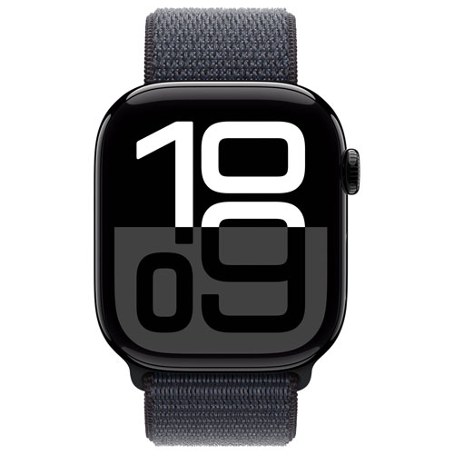 Apple Watch Series 10 avec boîtier de 46 mm en aluminium noir de jais et bracelet sport encre de Rogers - Financement mensuel