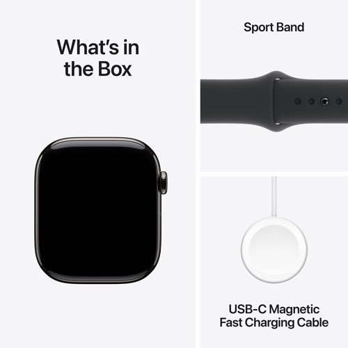 Apple Watch Series 10 avec boîtier de 46 mm en titane ardoise et bracelet sport noir par Rogers - P/M - Financement mensuel