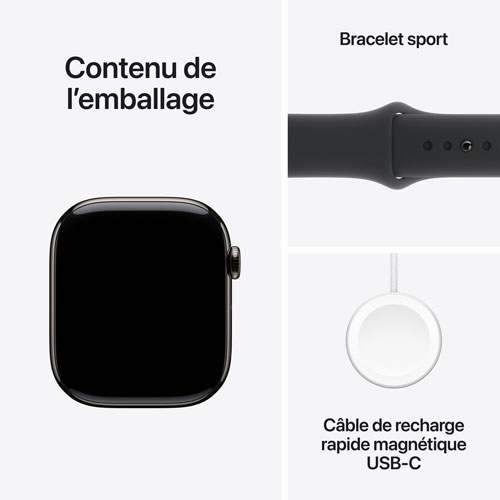 Apple Watch Series 10 avec boîtier de 46 mm en titane ardoise et bracelet sport noir par Rogers - P/M - Financement mensuel