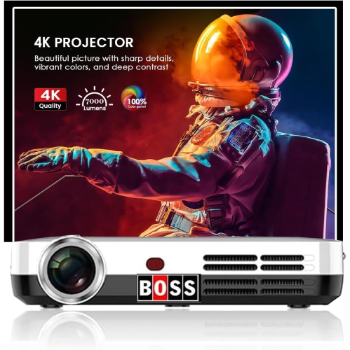 BOSS PROJECTOR  4K 3840 X 2160 Resolution, 7000 Lumens, 3D Smart Android Mini Projector With Projector Screen, 60000 Hours Life, Compatible With Tv Stick, Games, HDMI, USB, Smartphone projector quality is good