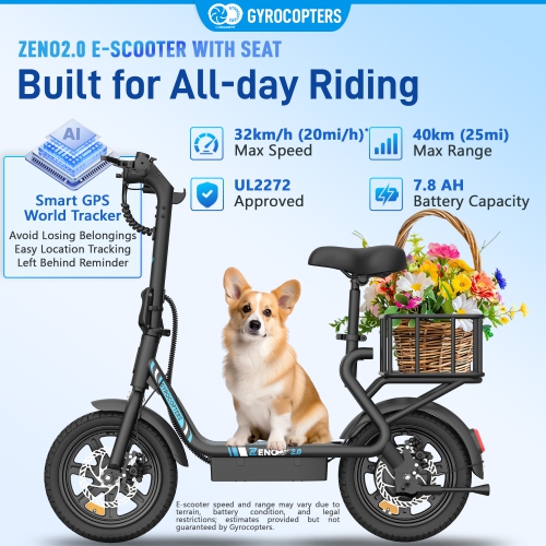 Gyrocopters Zeno2.0 Upgraded Electric Scooter | 500W Peak Motor | 32km/h Speed | UL2272 Safety | 40km Range | Shock-Absorbing Seat | Anti-theft GPS