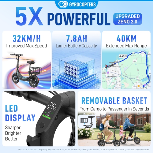 Gyrocopters Zeno2.0 Upgraded Electric Scooter | 500W Peak Motor | 32km/h Speed | UL2272 Safety | 40km Range | Shock-Absorbing Seat | Anti-theft GPS