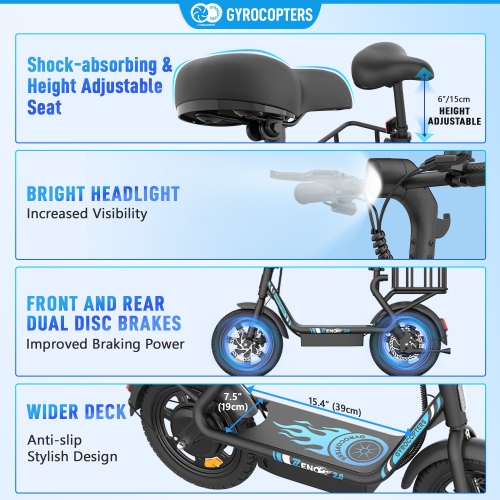 Gyrocopters Zeno2.0 Upgraded Electric Scooter | 500W Peak Motor | 32km/h Speed | UL2272 Safety | 40km Range | Shock-Absorbing Seat | Anti-theft GPS