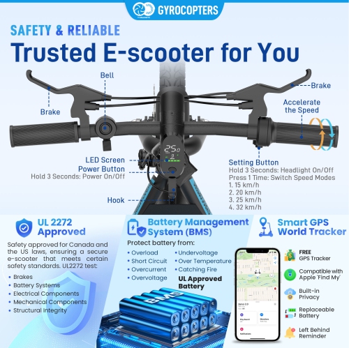 Gyrocopters Zeno2.0 Upgraded Electric Scooter | 500W Peak Motor | 32km/h Speed | UL2272 Safety | 40km Range | Shock-Absorbing Seat | Anti-theft GPS
