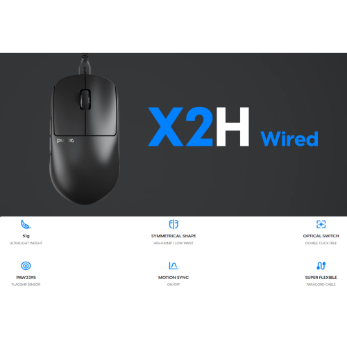 Pulsar X2H Wired Gaming Mouse - Ultra-Lightweight 51 g, Symmetrical Shape High Hump, PAW3395 Sensor, 1000 Hz Polling Rate, Superflex Paracord Cable,