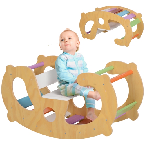 QABA  Climbing Toy for Toddlers, 2 In 1 Wooden Rainbow Climbing Arch Ladder Baby Rocker, Children Indoor Play Gym Montessori Climbing Learning