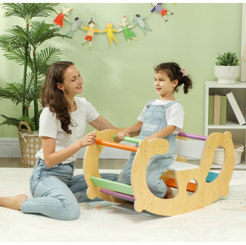 Qaba Climbing Toy for Toddlers, 2 in 1 Wooden Rainbow Climbing Arch Ladder Baby Rocker, Children Indoor Play Gym Montessori Climbing Learning Playset